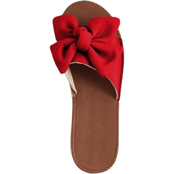 Women's Bow Red Knot Open Toe Leather Flat Slides Slippers Shoes - Picture 4 of 6